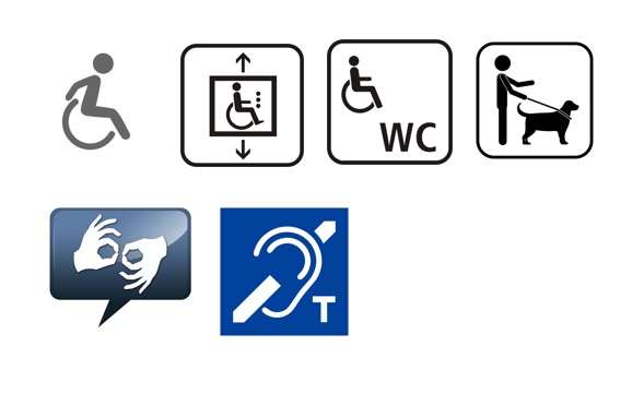 Verschiedene Icons, die Barrierefreiheit anzeigen: rollstuhlgerechter Zugang, Fahrstuhl vorhanden, barrierefreies WC, Assistenzhunde willkommen, Dolmetschung in DGS, Induktionsschleife vorhanden